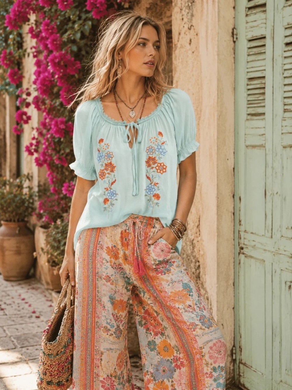"Blu Pepper" Women's Short Sleeve V-neck Front Tie Embroidery Floral Blouse